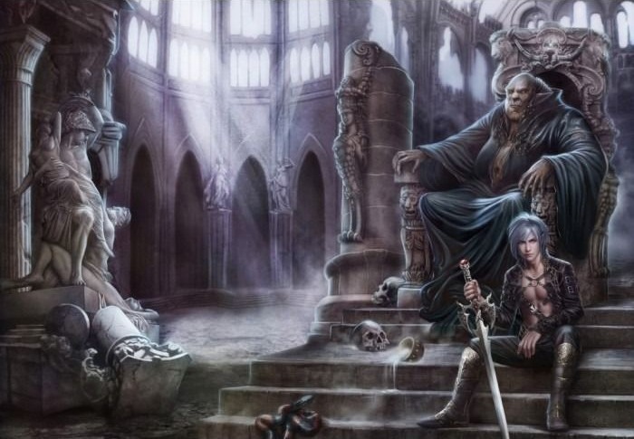 A fantasy illustration of a monstrous king on a throne and a young swordsman sitting on stone steps.