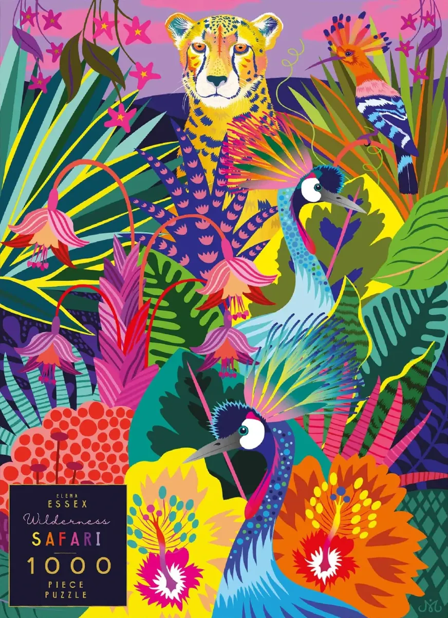 Vibrant illustration of a cheetah, two crowned cranes, and a hoopoe bird nestled in a lush, colourful jungle.