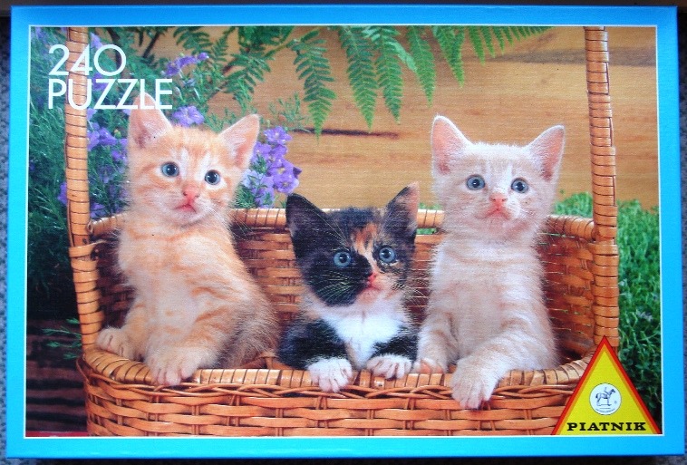 Three kittens sitting in a wicker basket in front of green foliage and purple flowers.