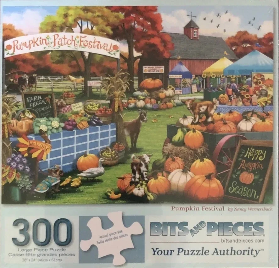 A whimsical autumn scene at a pumpkin patch festival with goats, produce, and a red barn.