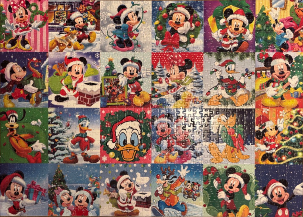 A collage of 20 festive cartoon character vignettes featuring Mickey Mouse, Minnie Mouse, Donald Duck, and Goofy.