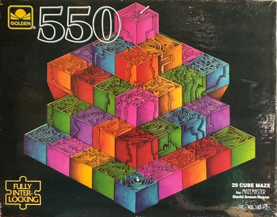 A colorful 3D isometric pyramid constructed of 29 individual cubes, each containing a complex maze design.