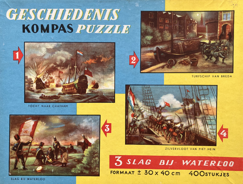 Historical montage of four Dutch naval and military scenes with text labels.