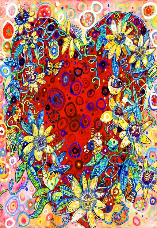 A heart-shaped arrangement of colorful flowers and birds in a folk art style.