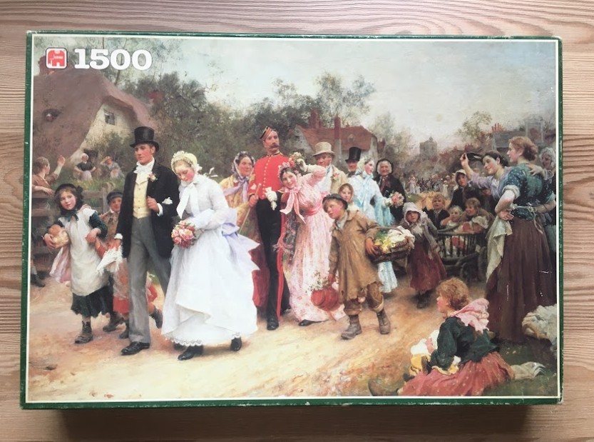 An oil painting of a Victorian wedding procession walking down a country lane with villagers gathering to watch.
