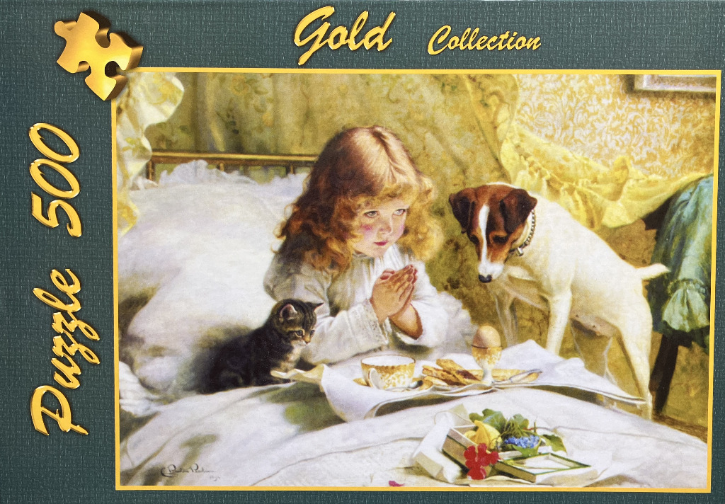 A young girl with golden hair praying in bed with a kitten and a dog watching her breakfast tray.