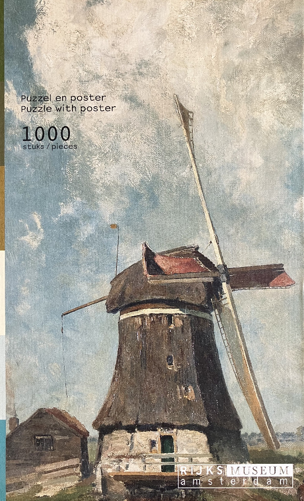 Painting of a windmill under a cloudy, expansive Dutch sky.