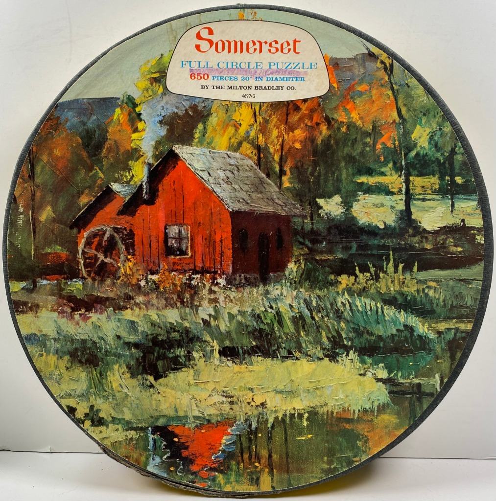 Oil painting of a red rustic mill building by a stream in autumn