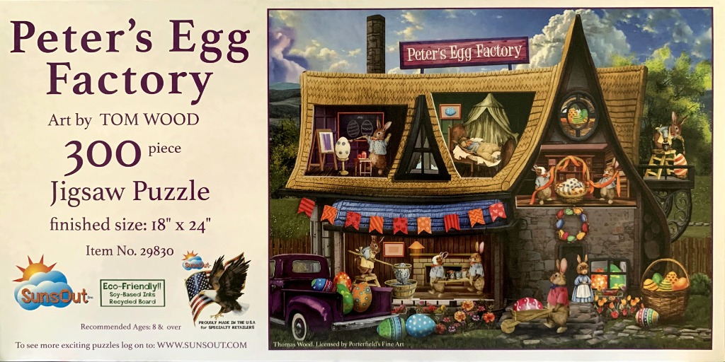 A whimsical illustration of a multi-story bunny egg factory with rabbits preparing Easter eggs.