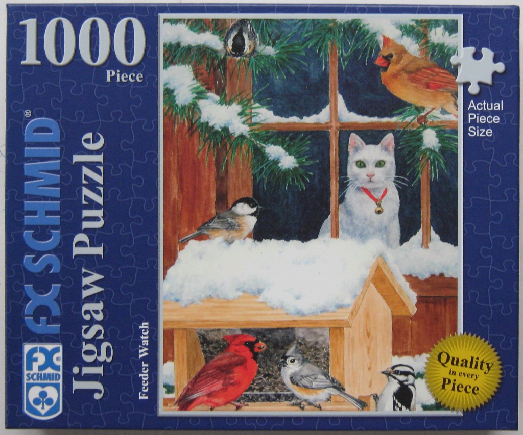 Painting of a white cat looking through a window at birds on a snowy bird feeder.