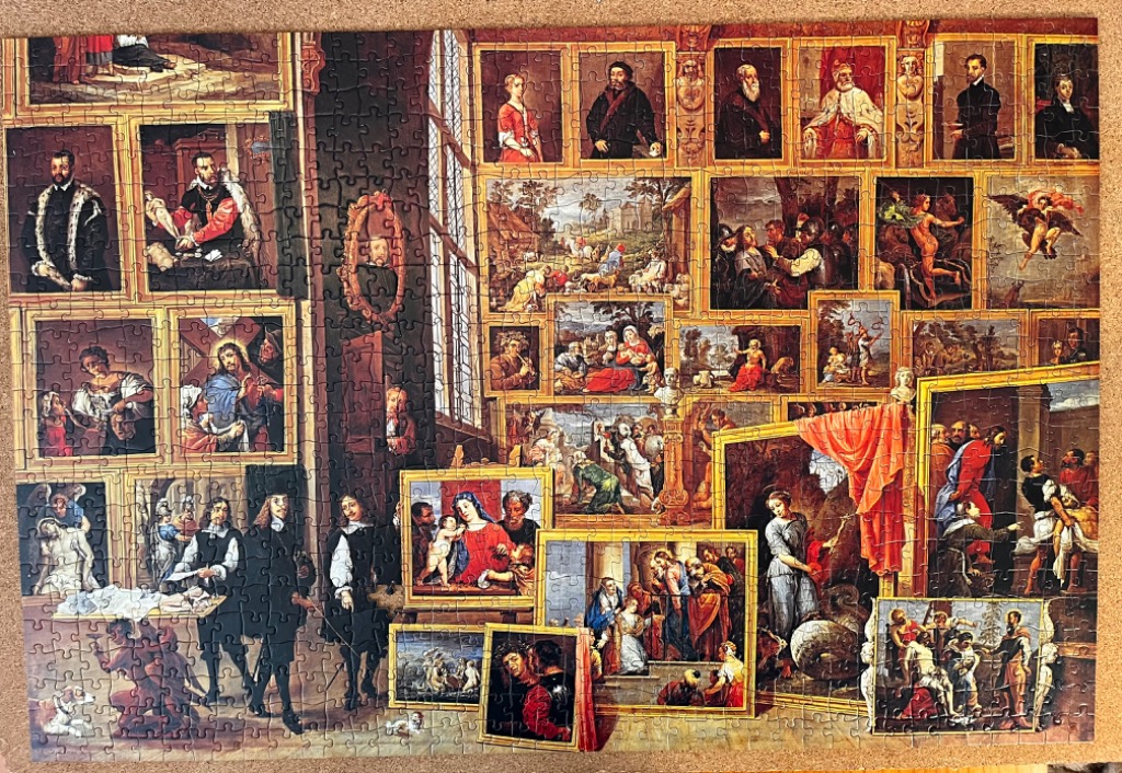 A gallery painting depicting a dense collection of Old Master art pieces hanging on a wall.
