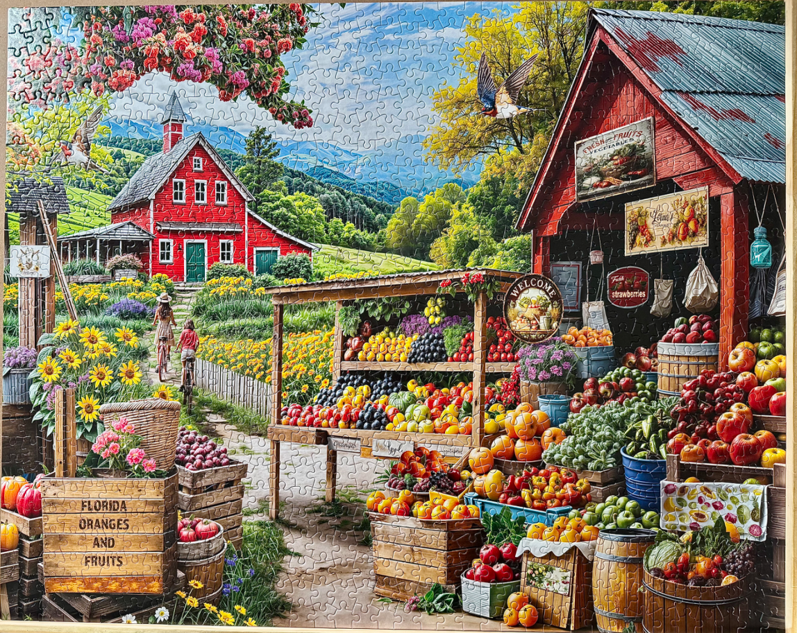 A countryside scene with a red farm stand filled with fresh produce and a red barn in the background.