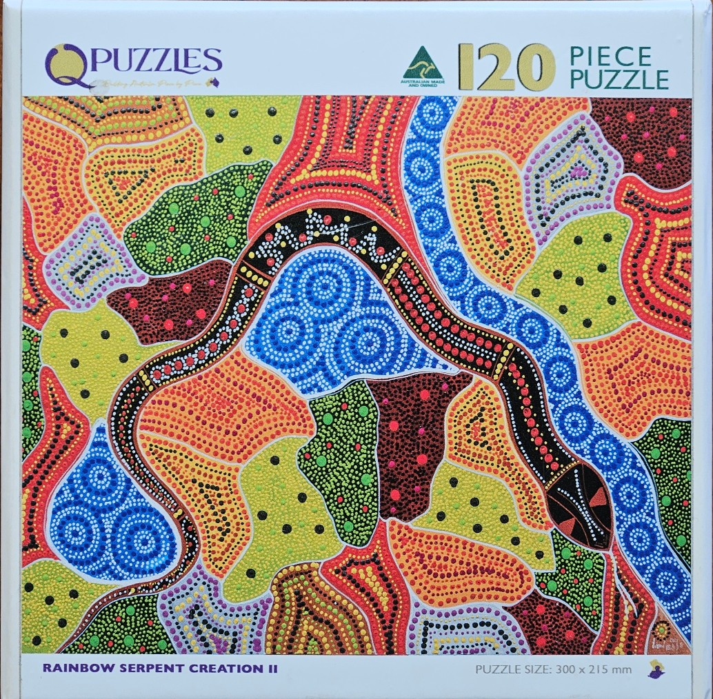 A colorful Indigenous-style dot painting featuring a black snake curving through abstract patterns of dots.