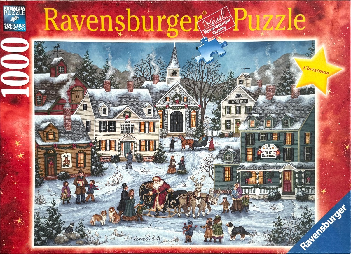 A folk-art style winter town scene with Santa Claus and his reindeer in the foreground.
