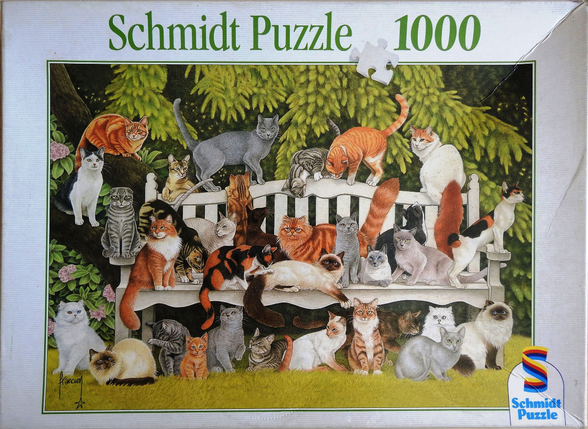 A gathering of many cats of various breeds and colours lounging on and around a white wooden garden bench.
