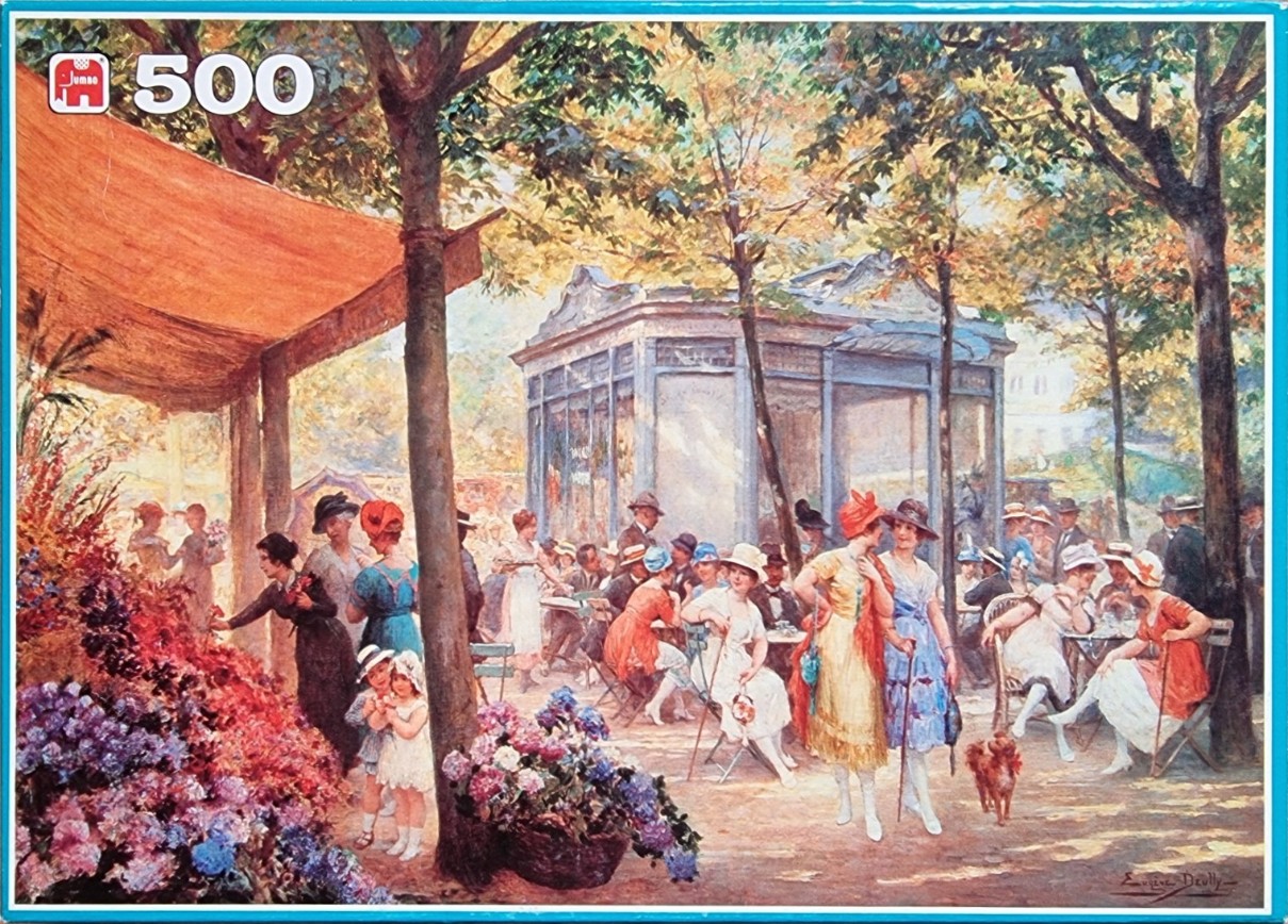 Impressionist oil painting of a bustling French park cafe scene with a flower stall and patrons in 1920s attire.