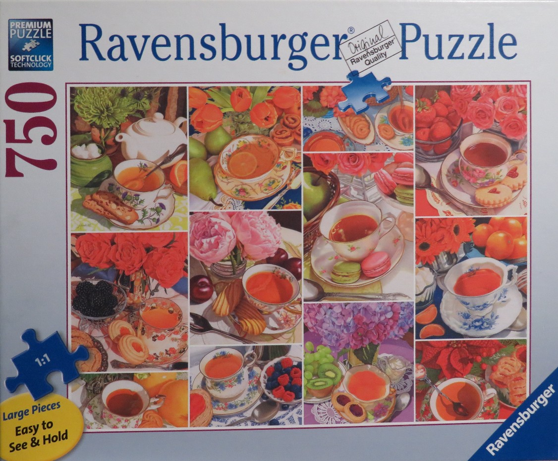 A collage of various tea time scenes featuring teacups, pastries, and floral arrangements.