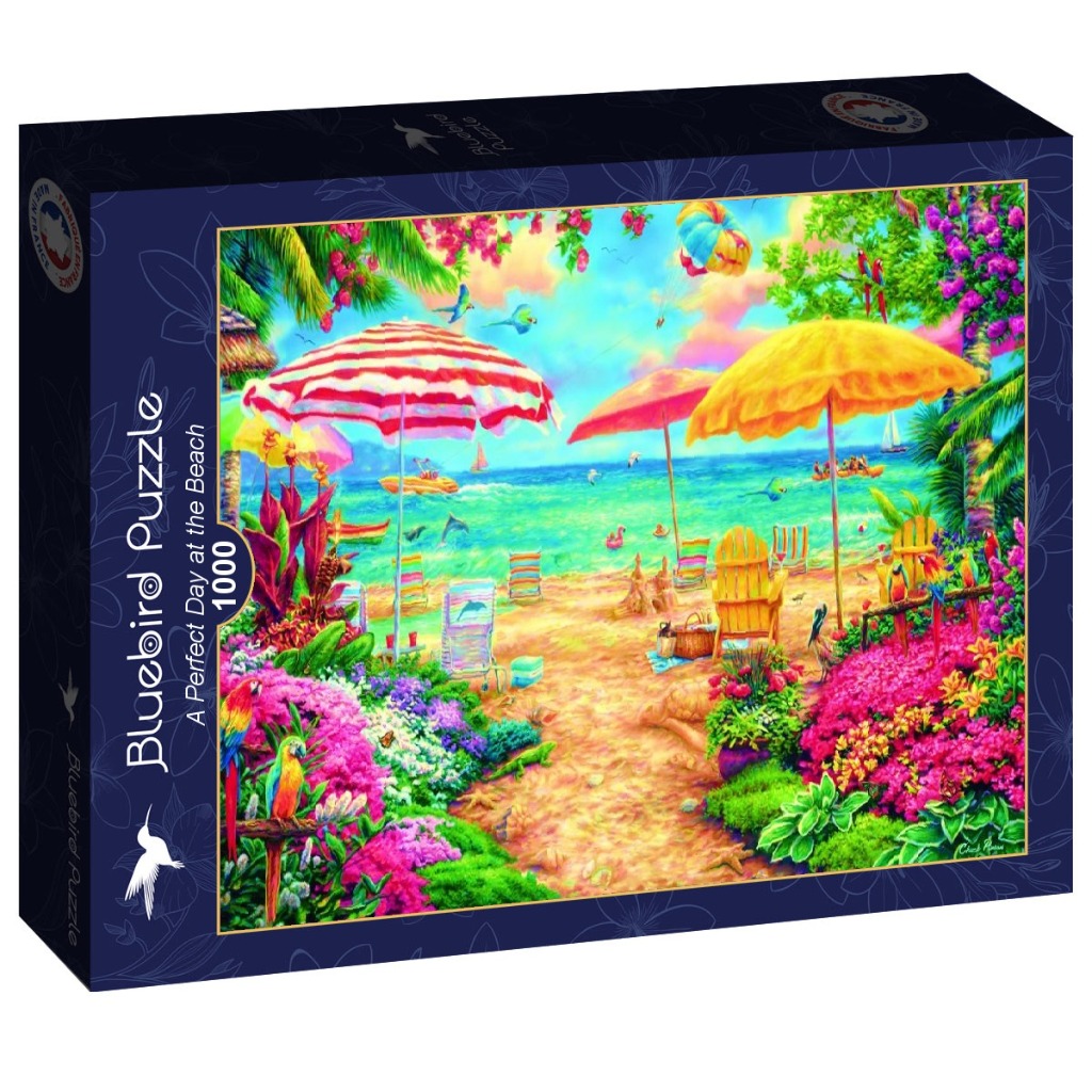 Vibrant, colorful tropical beach scene with parrots, flowers, umbrellas, and ocean views.