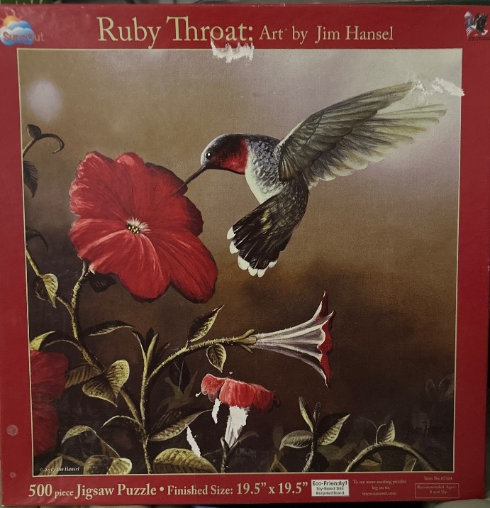 A ruby-throated hummingbird hovering before a large red petunia flower in a realistic oil painting style.