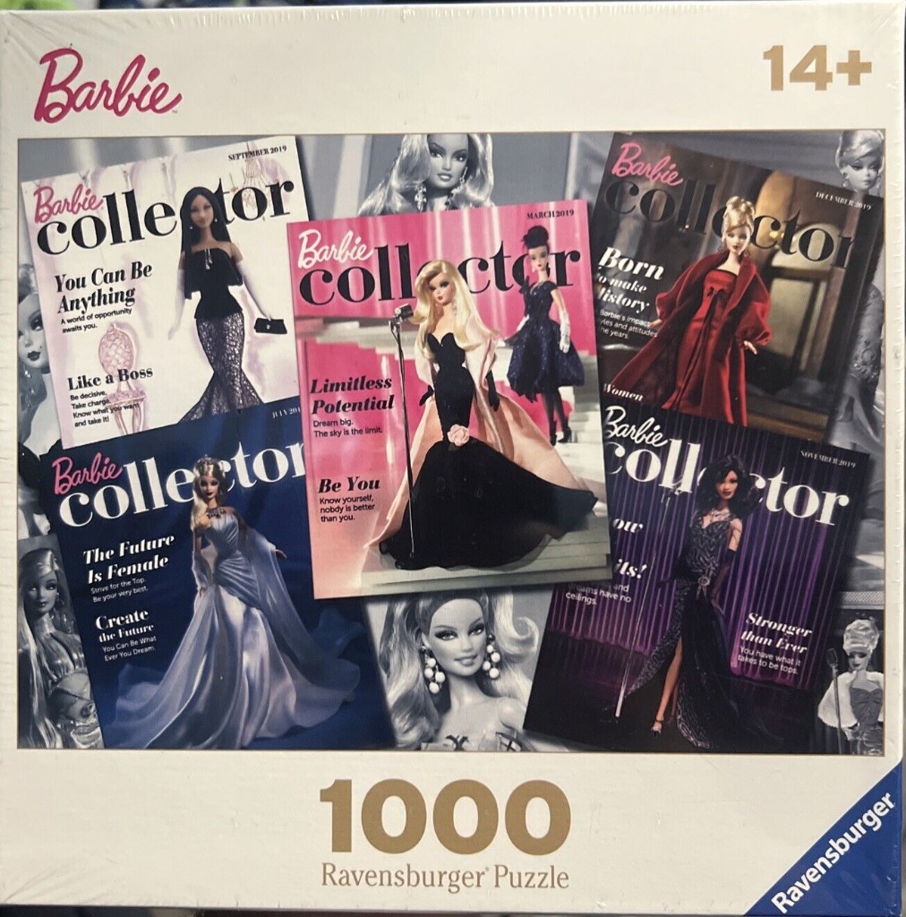A collage of magazine covers featuring glamorous Barbie dolls in various evening gowns and settings.