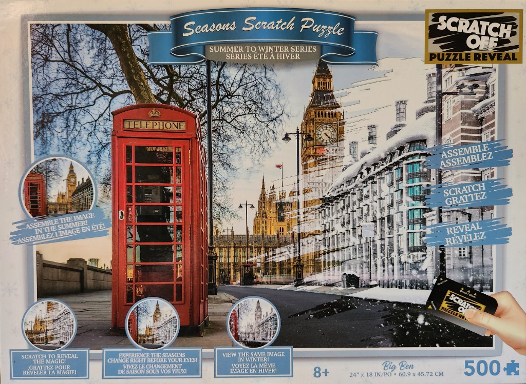 A transformation of a London street scene from summer to winter featuring a red telephone booth and Big Ben.