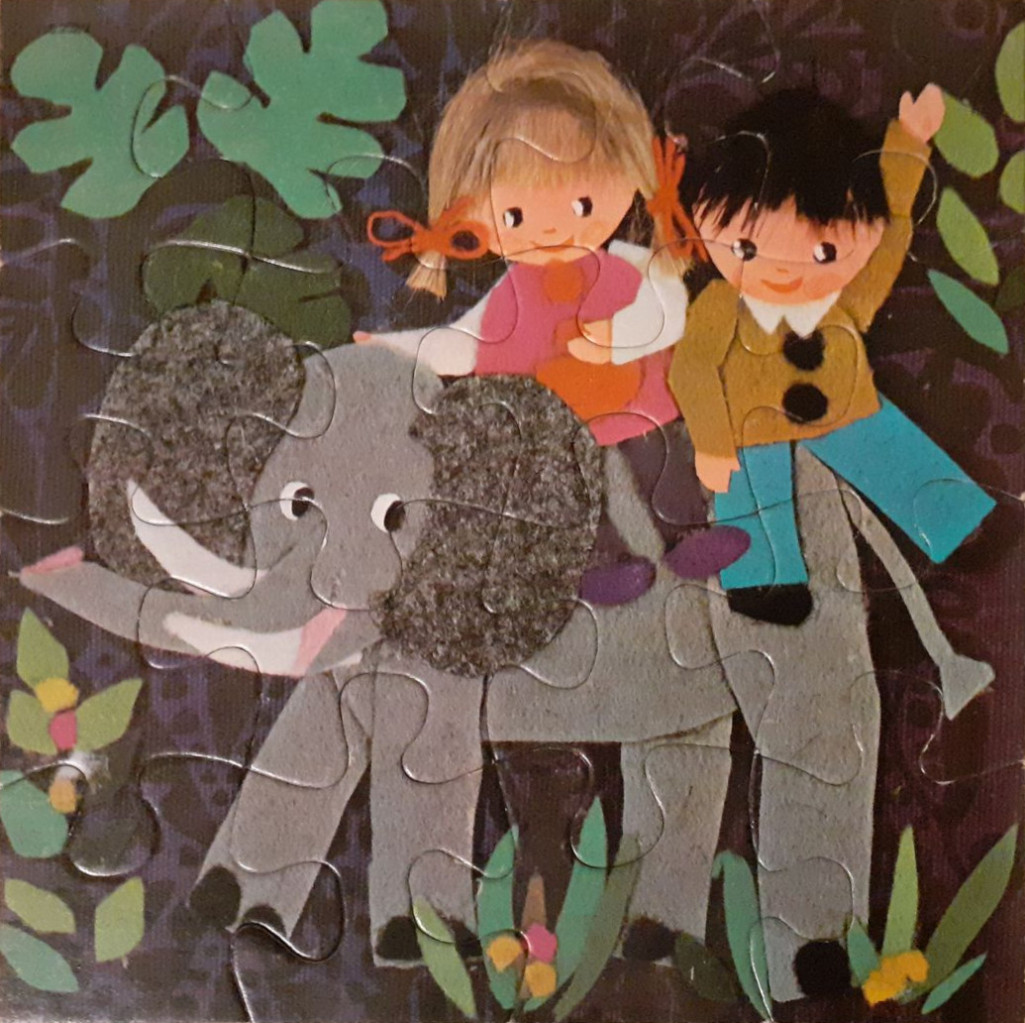 Illustration of a blonde girl and a dark-haired boy riding on the back of a friendly gray elephant in a jungle setting.