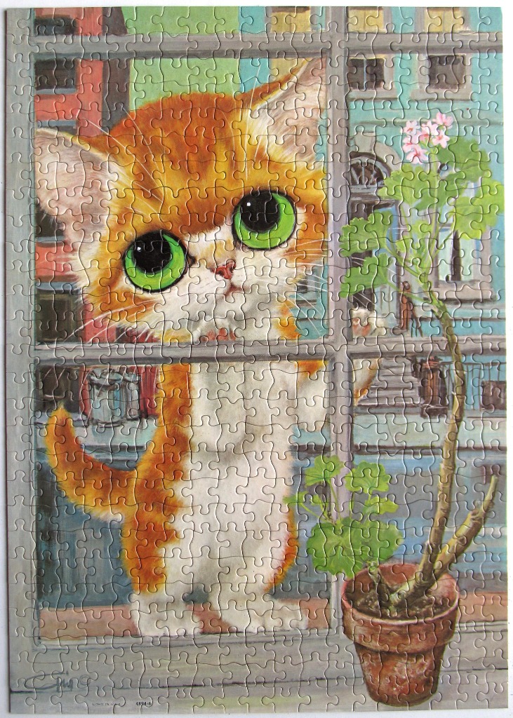 An illustration of an orange kitten with oversized green eyes looking through a window.