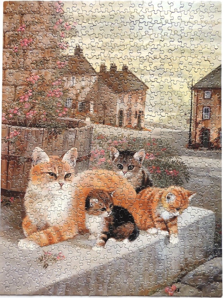 A mother cat and three kittens sitting on a garden wall in front of old stone houses.