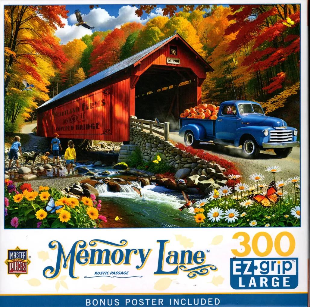 A nostalgic autumn scene featuring a red covered bridge, a blue pickup truck full of pumpkins, and children playing.
