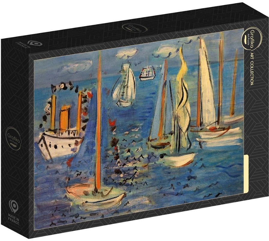 An expressionist painting of multiple sailboats and a steamship on a blue sea.