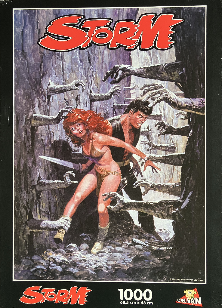 A red-haired woman and a man fighting off gray, monstrous hands emerging from rock walls in a fantasy illustration.