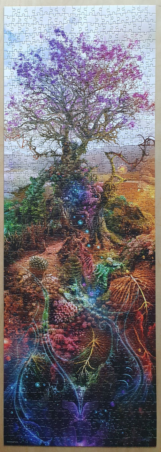 A vertical fantasy illustration of a glowing, purple-flowered tree towering over a surreal, bioluminescent forest floor.