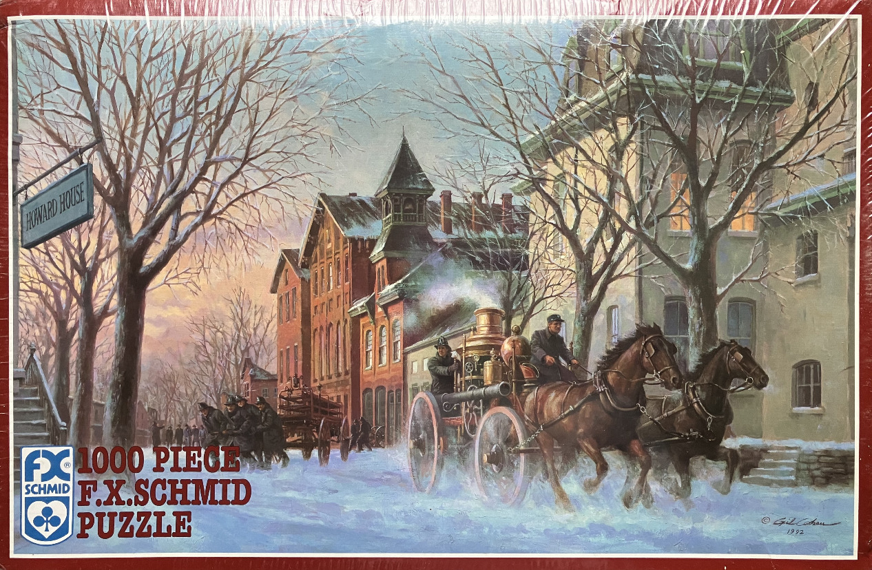 Oil painting of a horse-drawn steam fire engine racing down a snowy street in a 19th-century town.
