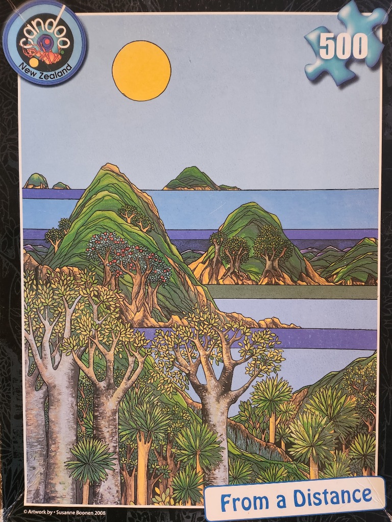 Stylized illustration of a New Zealand coastal landscape with rolling green hills, native trees, and a bright yellow sun.