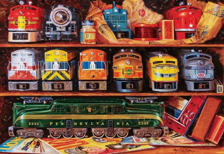 A collection of vintage toy train engines and accessories displayed on wooden shelves.