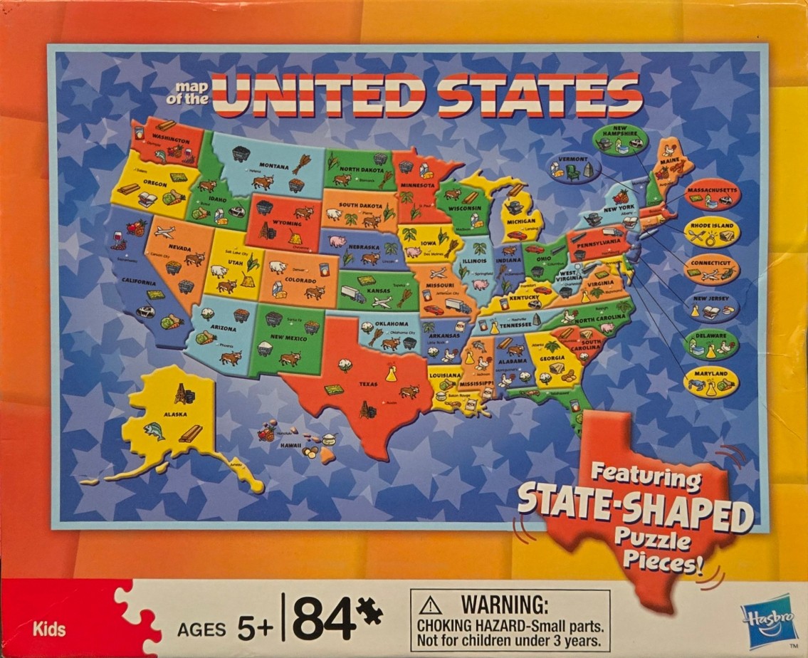 A colorful illustrated map of the United States featuring state-shaped pieces.