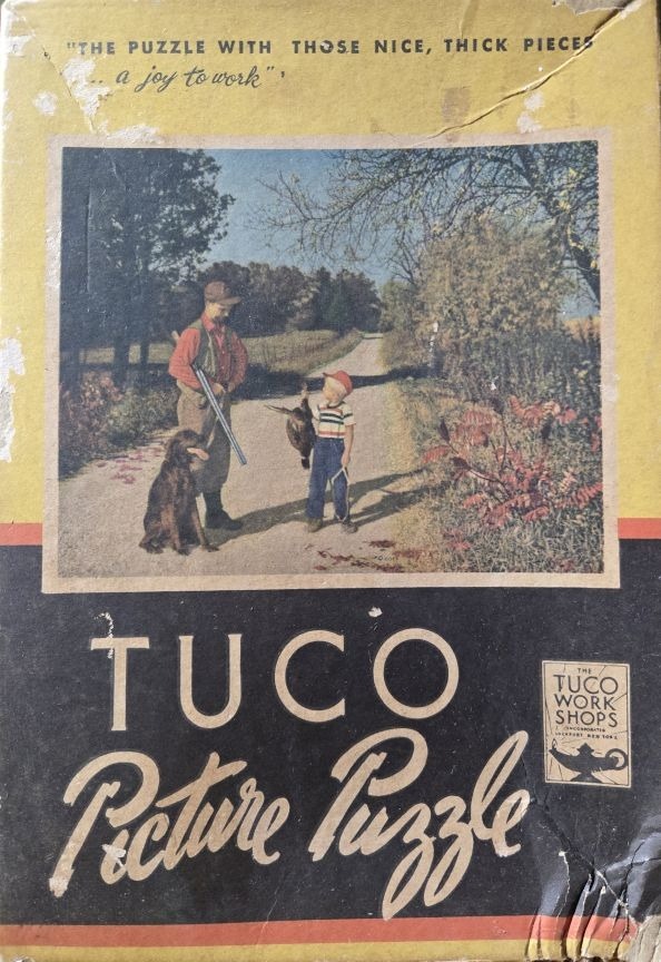 A vintage illustration of a man and boy with a dog on a country road after a hunt.