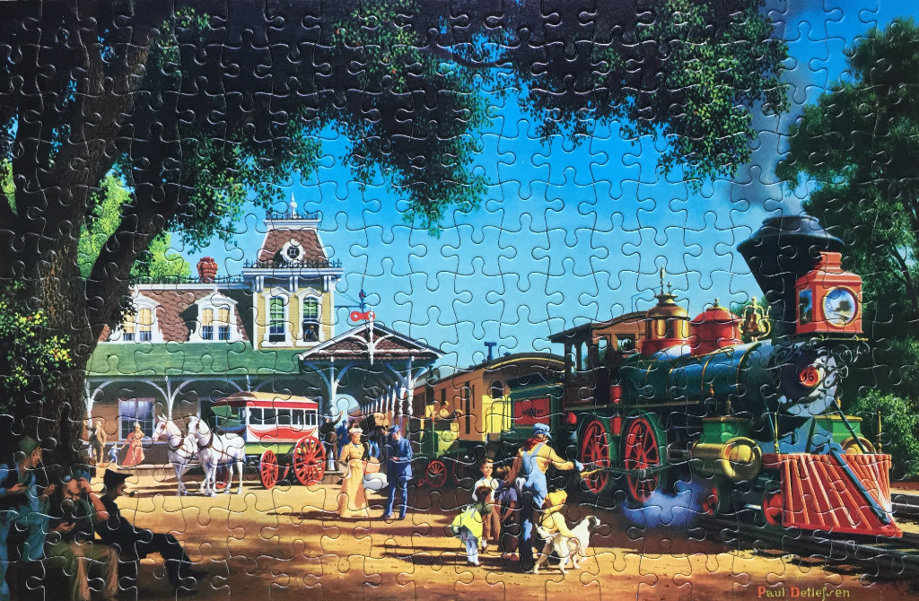 A nostalgic painting of a vintage steam train idling at a country station, with horse-drawn carriages and passengers.
