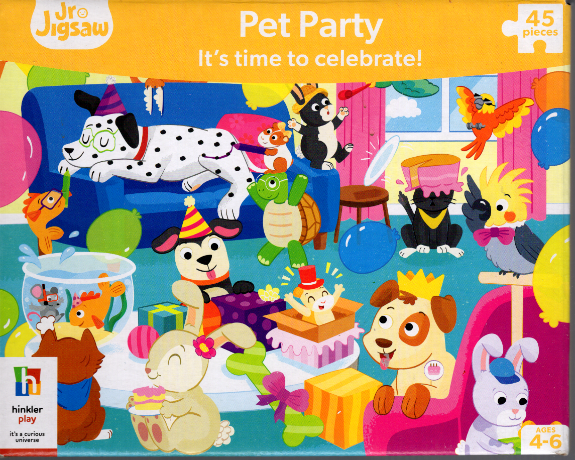 An illustration of various cartoon pets celebrating at a party in a bright living room.