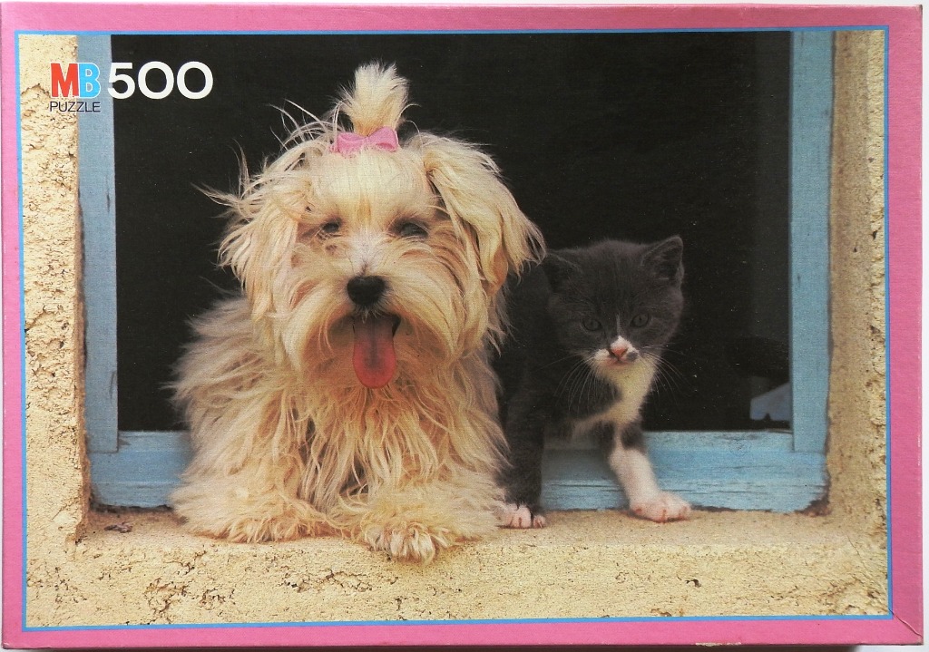 A fluffy dog with a pink bow and a grey kitten sitting together on a window sill.