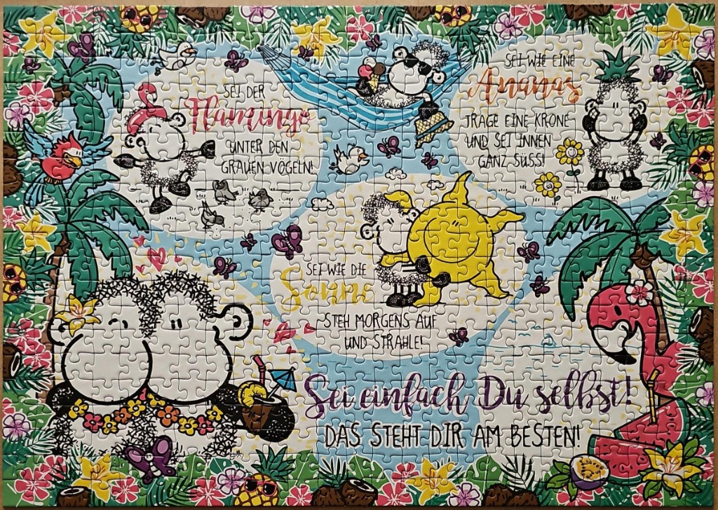 Cartoon scene featuring sheep in a tropical beach setting with German motivational quotes.