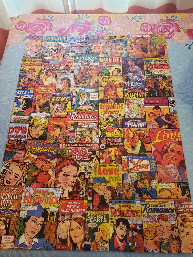 A collage of vintage mid-century romance comic book covers.