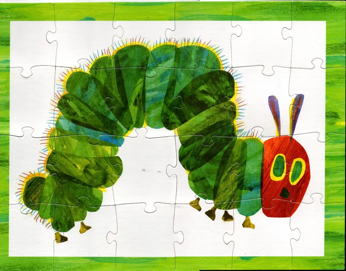 A green caterpillar with a red face and purple antennae on a white background with a bright green border.