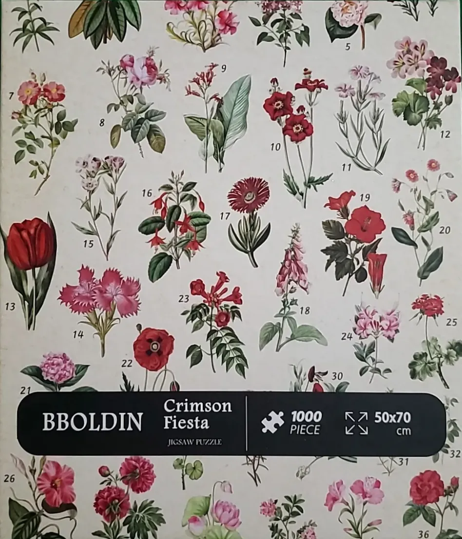 Botanical illustration of various red and pink flowers arranged in a grid with numbered labels on a cream background.