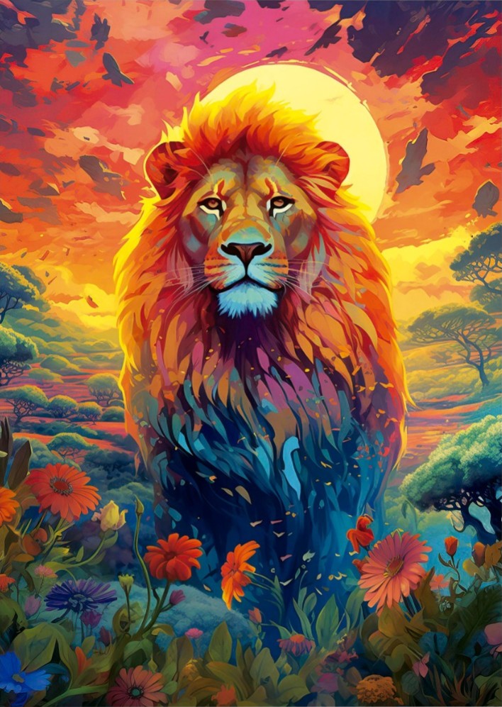 A majestic lion standing in a vibrant, colorful savanna field under a setting sun.