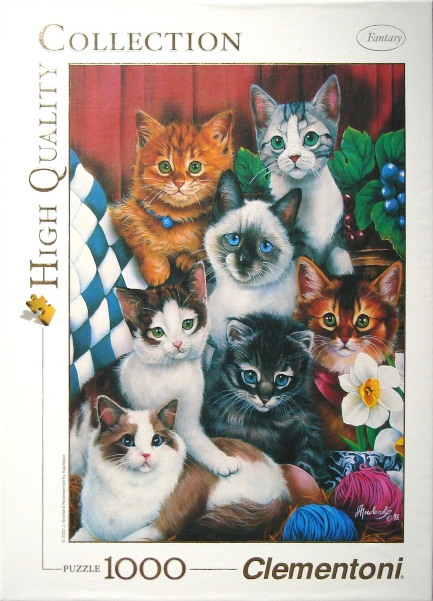 An illustration of seven diverse kittens grouped together in a cozy, rustic setting.