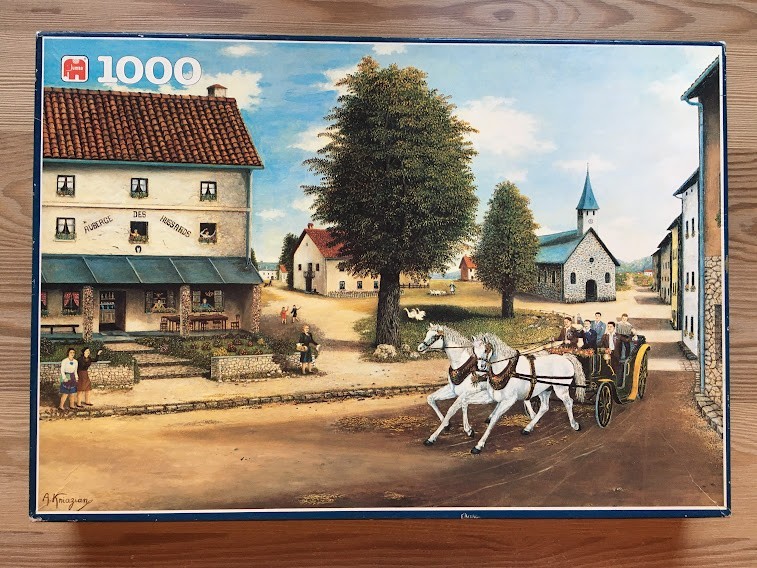 A detailed painting of a horse-drawn carriage in front of a village inn and church on a sunny day.