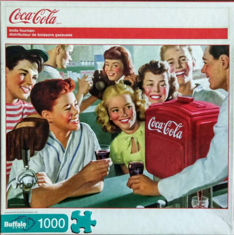 A vintage-style illustration of teenagers gathered around a red soda fountain at a diner counter.