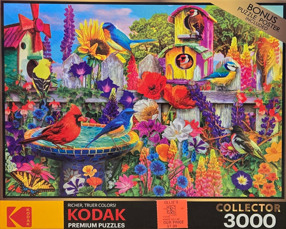 A vibrant garden scene filled with colorful birds, flowers, birdhouses, and a birdbath.