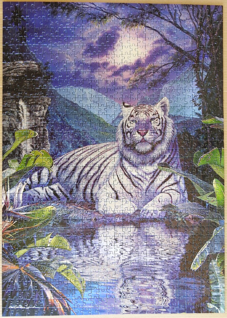 A white tiger resting by a tropical jungle pool under a full moon.